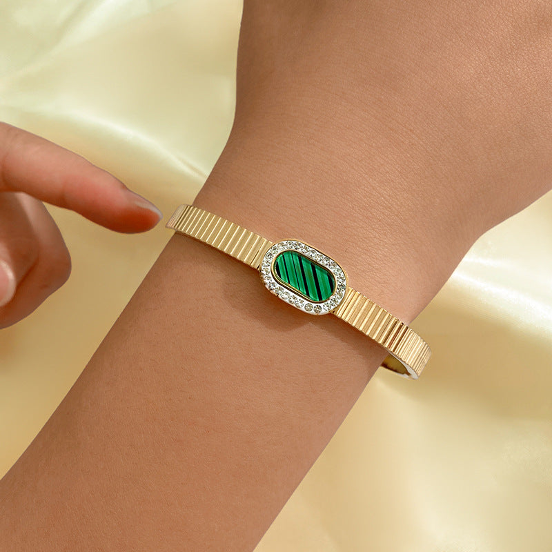 Vintage Geometric Rhinestone Green Pattern Plated Titanium Steel Bracelet