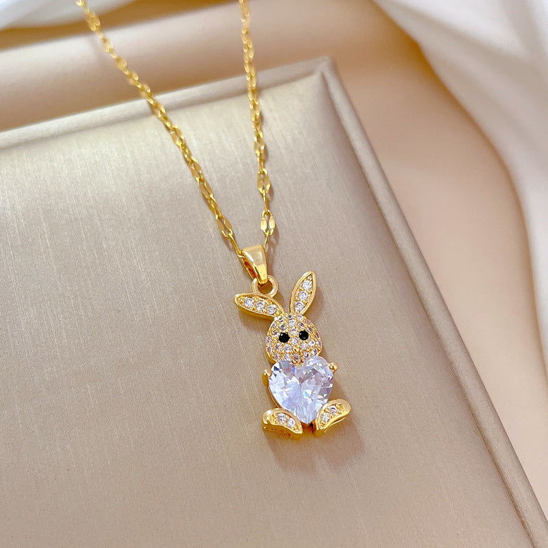Luxury Titanium Steel Micro-Pave Rabbit Pendant Necklace and Earrings Set for Women Geometric Design Elegant Party Jewelry