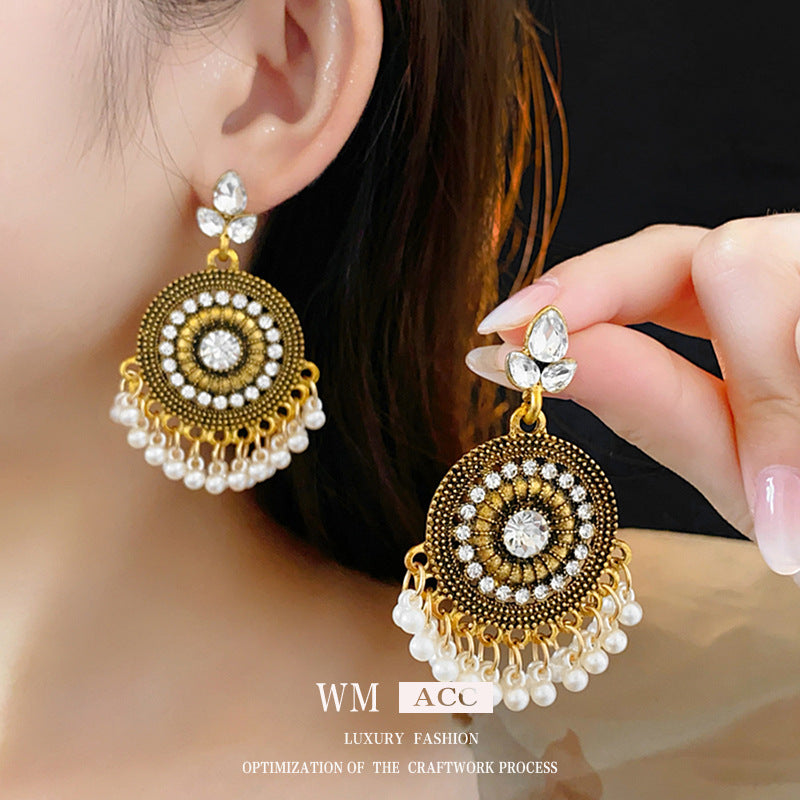 Orecchini Pendenti Geometrici Vintage con Intarsio di Strass e Base in Lega Placcata Oro da Donna