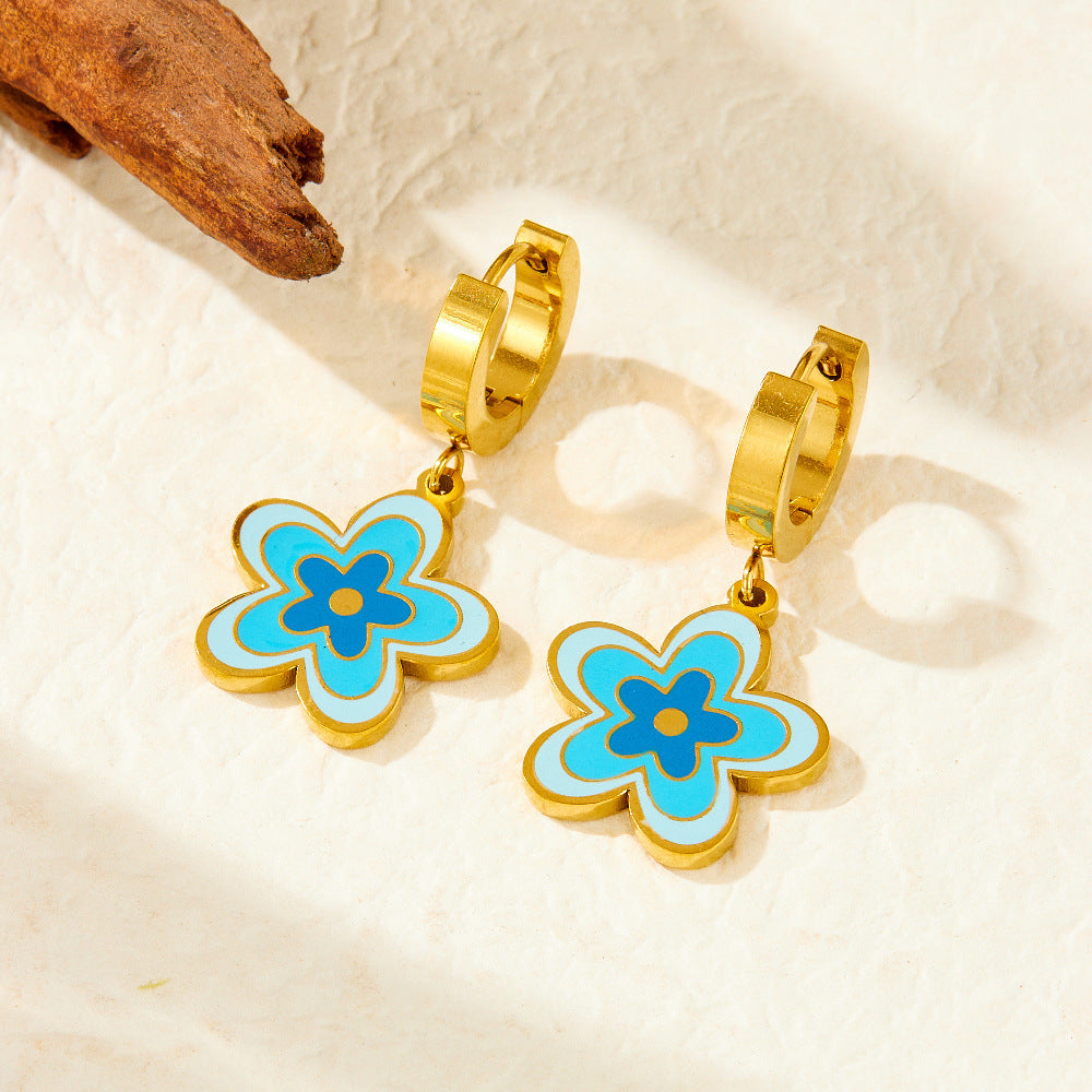 Sweet Colorful Drip Oil Flower Butterfly Pendant Gold Plated Stainless Steel Jewelry Set with Cable Chain