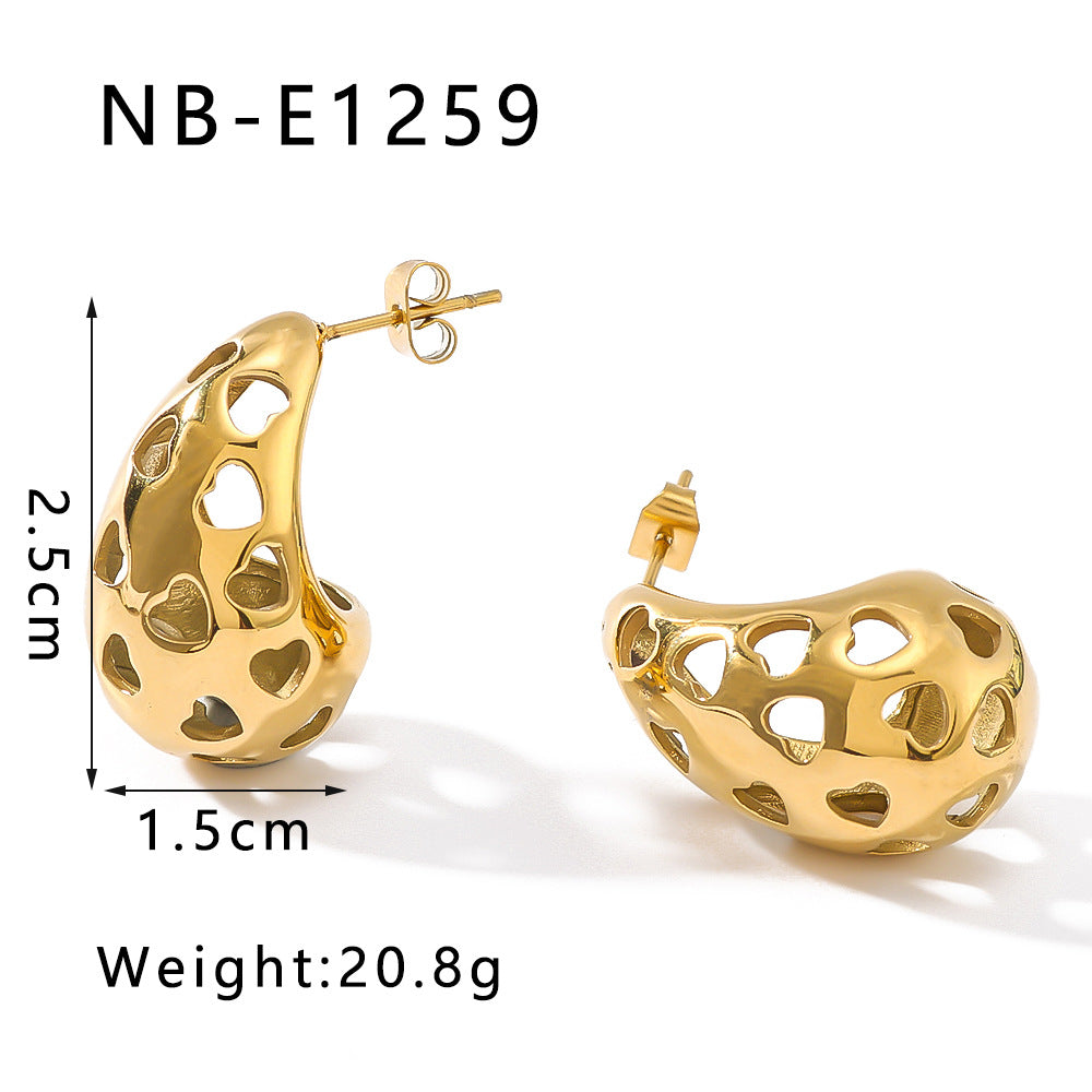 Minimalist Hollow Heart and Teardrop Stainless Steel Stud Earrings with 18K Vacuum Plating for Women