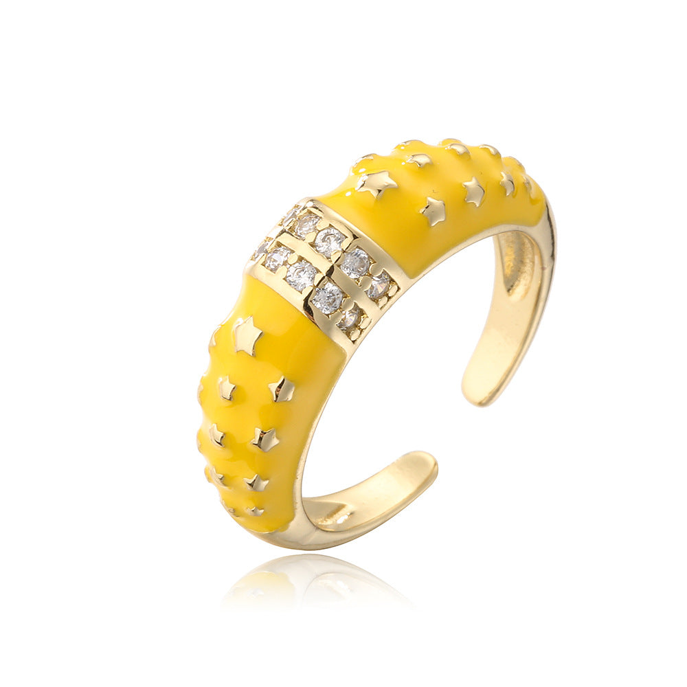 Anello Aperto Geometrico Stile Bohemien in Rame con Placcatura in Oro 18K e Zirconia Smaltata Colorata