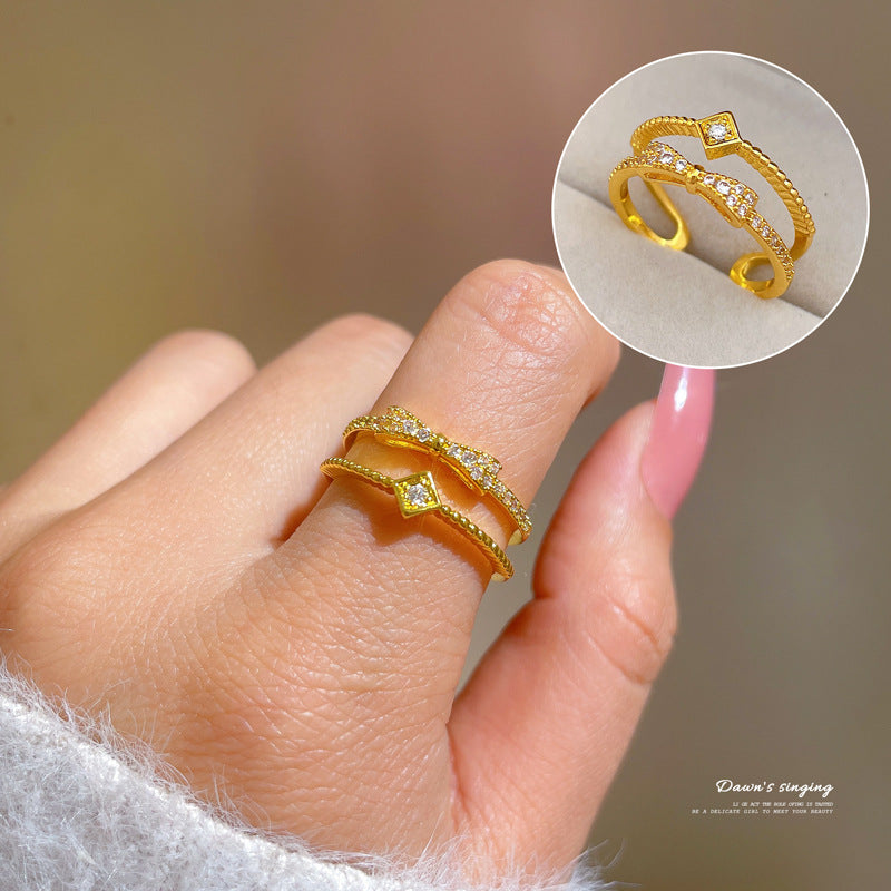 Minimalist Sweet Geometric Round Brass Plated Rhinestone Ring for Women and Men