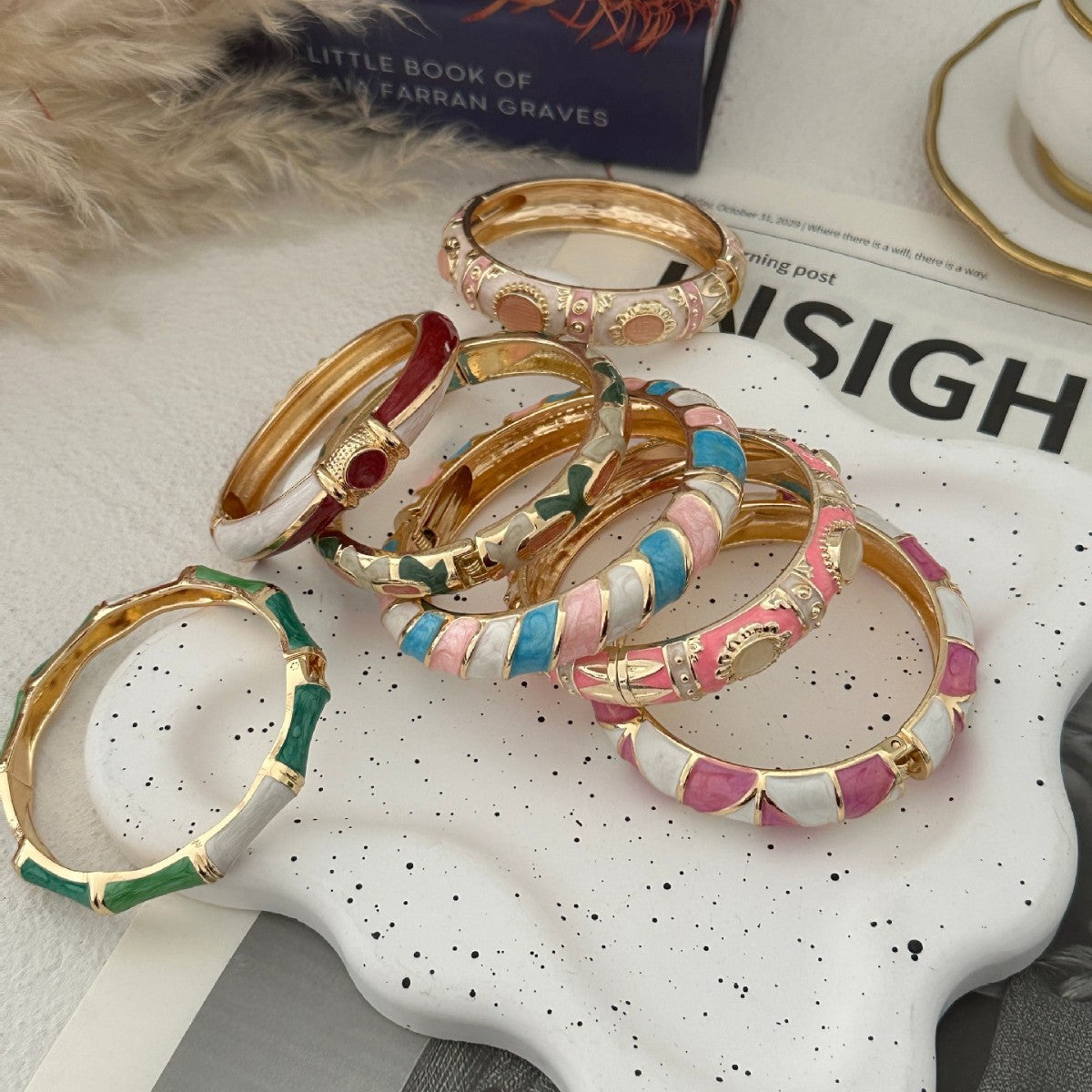 Colorful Geometric Checkered Drip Oil Plated Alloy Open Cuff Bracelet