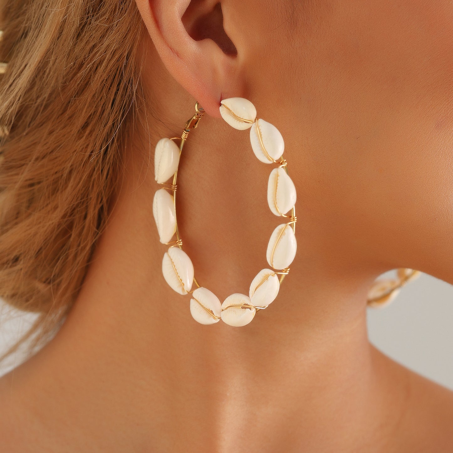 Geometric Shell Earrings for Women Handwoven Beach Vacation Jewelry with Plated Metal Hoops