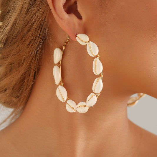 Pendientes de concha geométrica para mujer, joyería playera tejida a mano con aros de metal chapado
