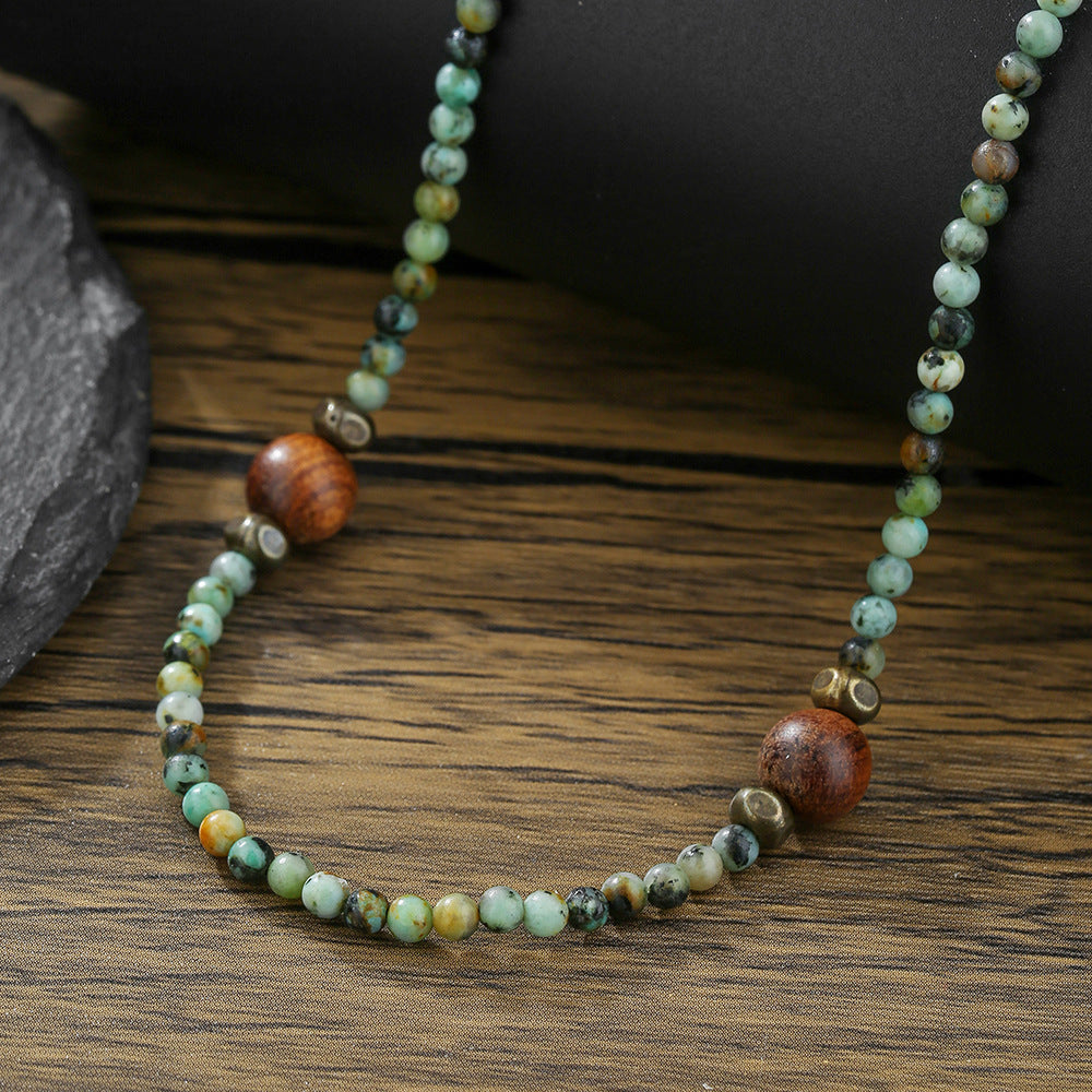 Vintage Ethnic Hip-hop Geometric Round Wood Beaded Necklace Cable Chain Unisex