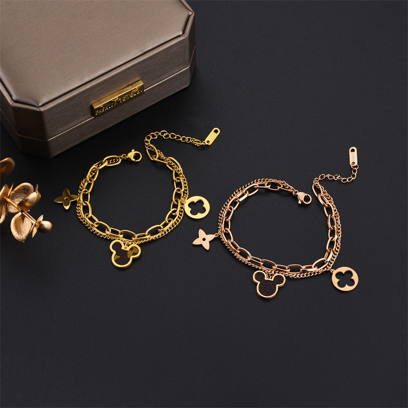 Pulsera de Doble Capa de Acero de Titanio Minimalista con Diseño de Mickey Mouse de Dibujos Animados para Mujer con Acabado Chapado
