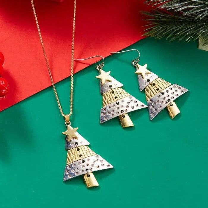 Pendientes largos colgantes de aleación geométrica con diseño de árbol de Navidad y acabado chapado en oro para mujer