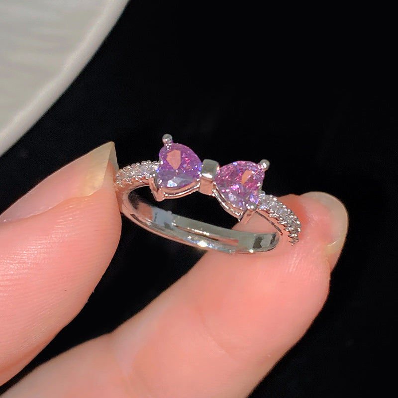 Minimalist Sweet Colorful Crown Flower Bow Teardrop Brass Ring with Cubic Zirconia Inlay for Women
