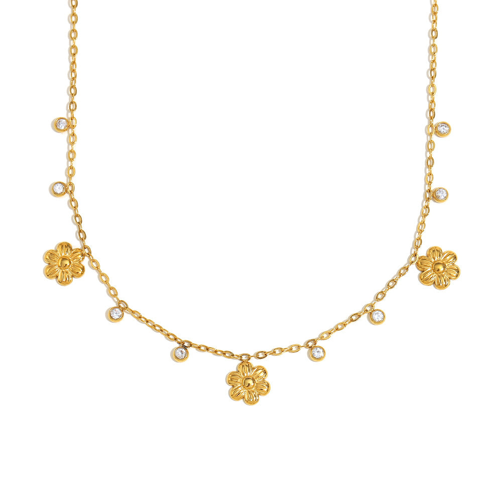 Minimalist Floral Pendant Necklace in Stainless Steel with 18K Gold Plating and Zircon Accents on O-Chain for Women