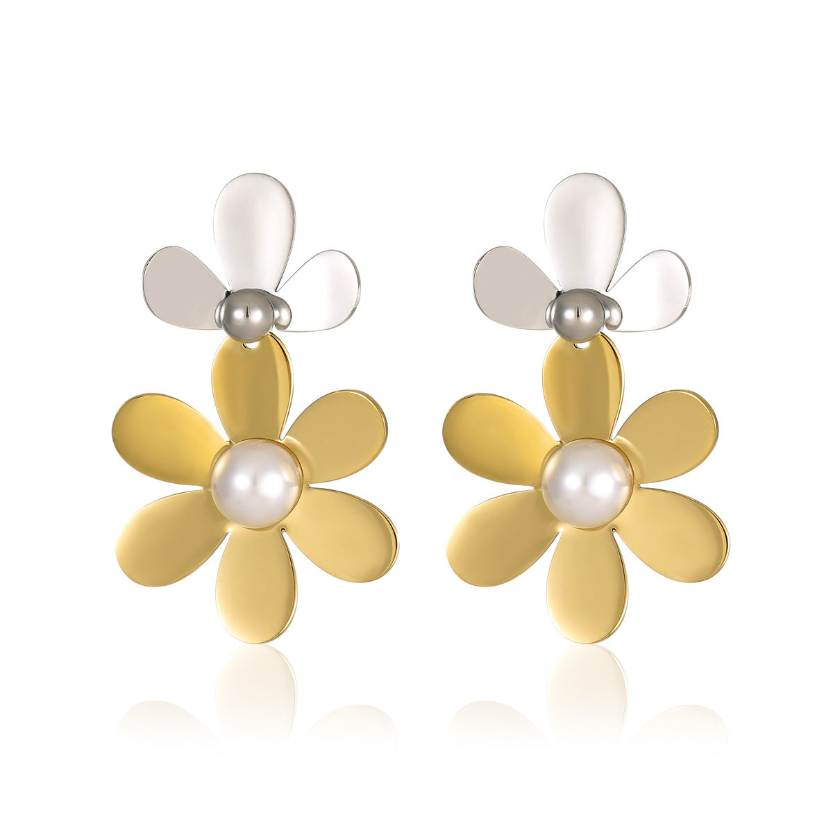 Pendientes de tuerca de acero inoxidable vintage en forma de pétalo con incrustaciones de perlas y detalle de borla para mujer
