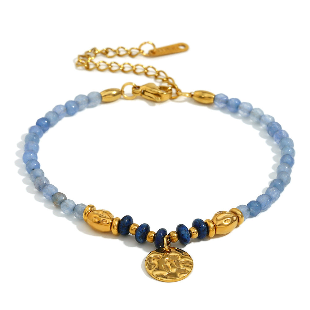 Vintage-Inspired Geometric Stainless Steel 18K Gold Plated Coin Bracelet with Natural Stone for Women