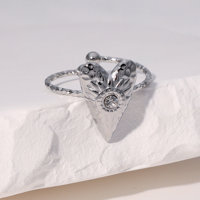 Minimalist Heart-Shaped Stainless Steel Ring with Folded Texture and Plated Finish for Women