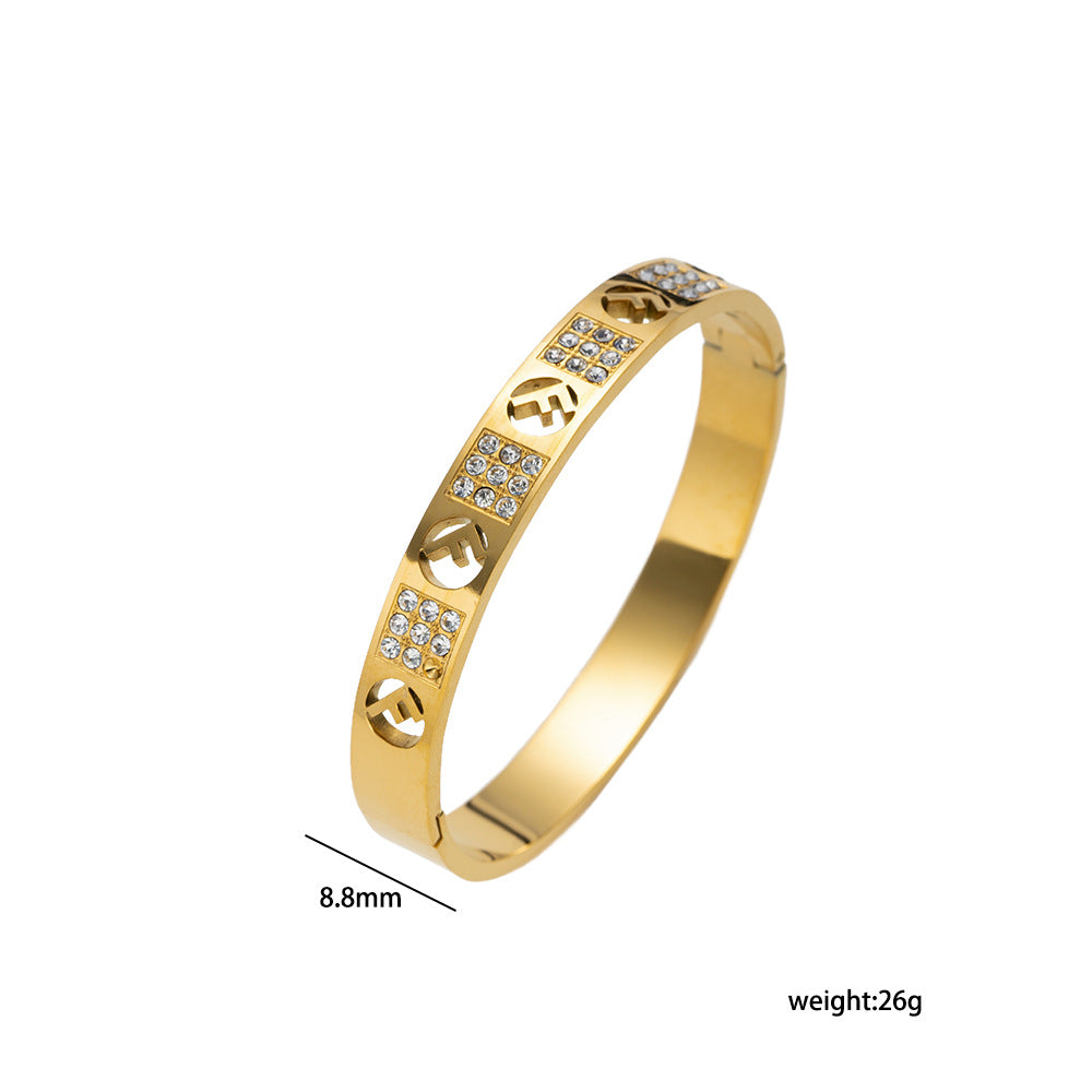 Vintage Minimalist 18K Gold Plated Titanium Steel Letter Cutout Cuff Bracelet with Rhinestone Inlay for Women