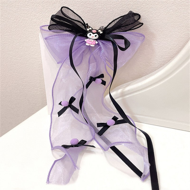 Handmade Chinese Traditional Hair Clip for Girls with Bow Shape Fabric Material and Flowing Tassels in Natural Style