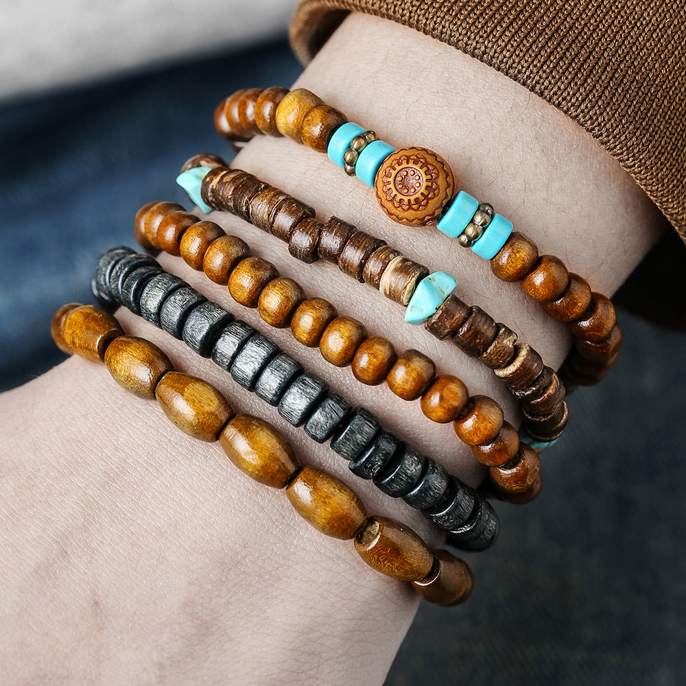 Vintage Minimalist Round Wood Turquoise Beaded Bracelet Set