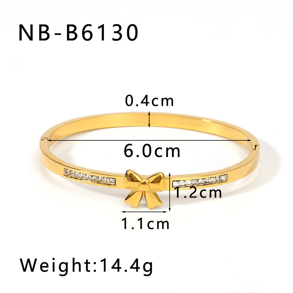Asymmetrical Bow-Shaped Stainless Steel Bracelet for Women with Zircon Inlay and 18K Gold Plating