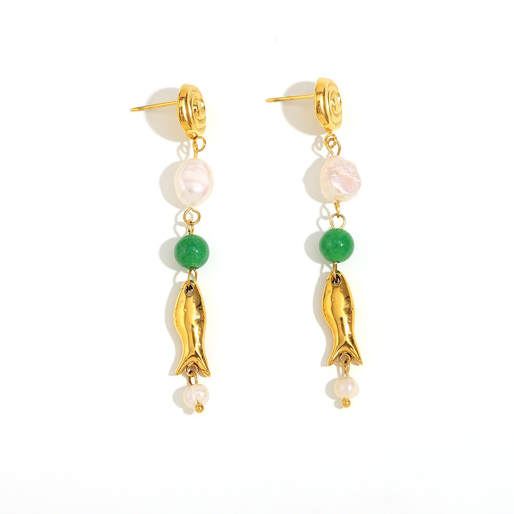 Vintage Style Gold-Fish Shaped Geometric Stainless Steel Earrings with 18K Gold Plating and Pearl Accents