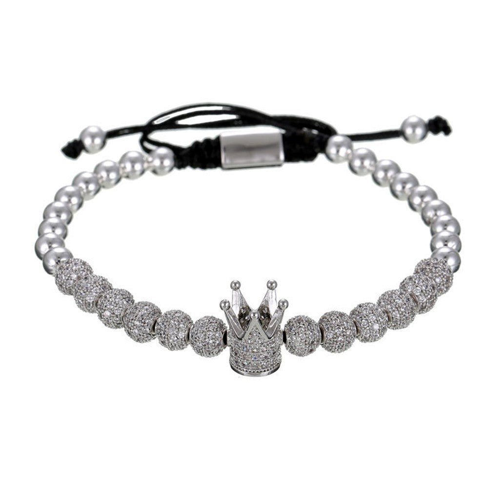 Fashion Geometric Micro-pave Cubic Zirconia Brass Round Bead Crown Braided Adjustable Bracelet