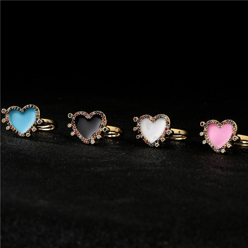 Colorful Drip Oil Heart Geometric Brass Ring with Micro-inlaid Cubic Zirconia for Women