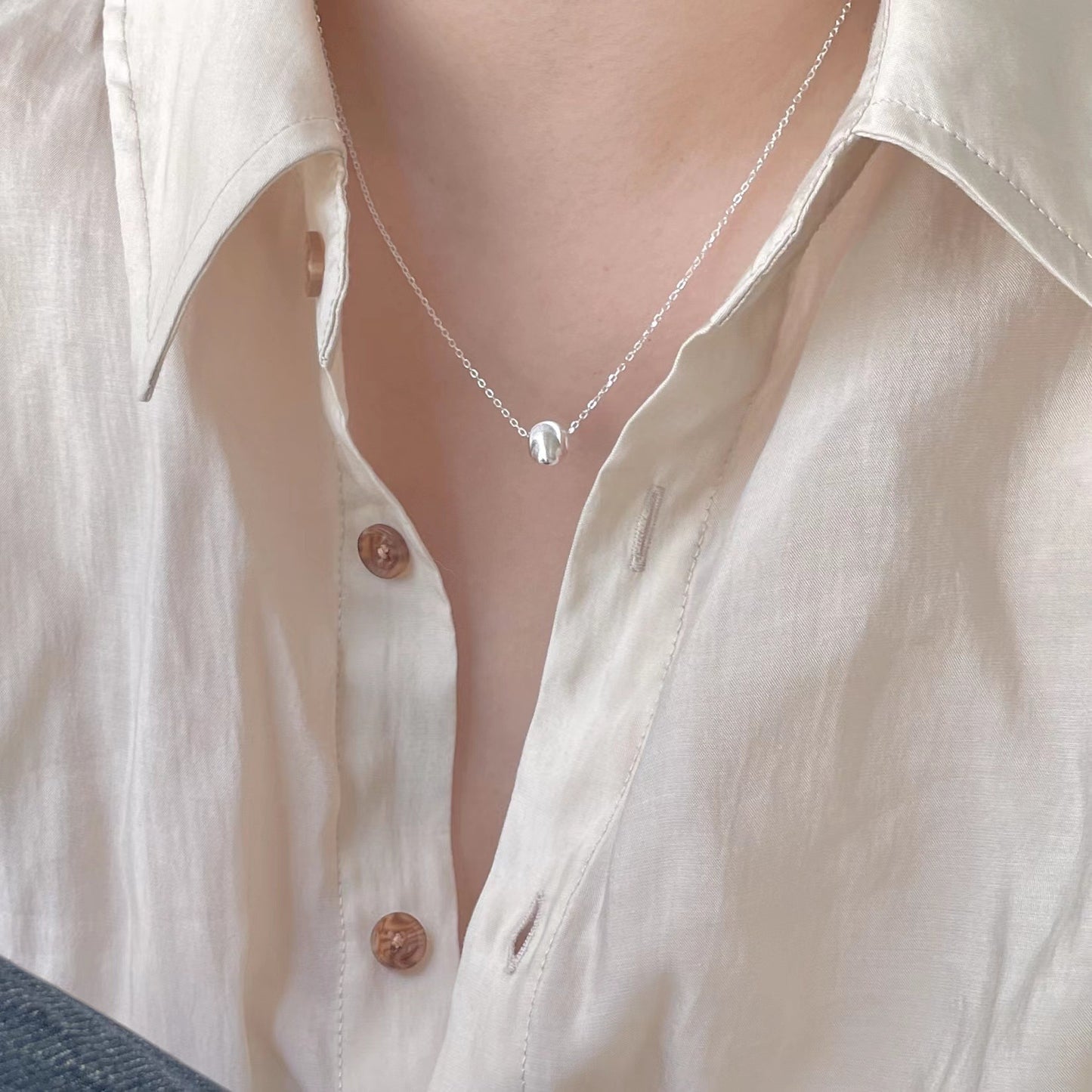 Minimalist Round Bead Necklace in 925 Sterling Silver with Electroplated Finish on Waxed Cotton Cord