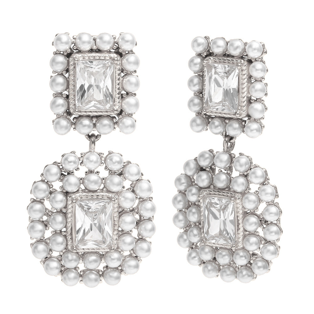 Fashionable Geometric Stainless Steel Earrings with 18K Gold Plating, Zircon and Pearl Accents for Women
