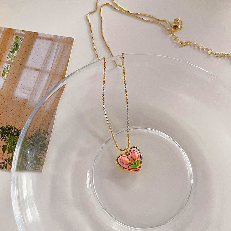 Sweet Minimalist Pink Tulip Heart Titanium Steel Plated Necklace for Women Box Chain