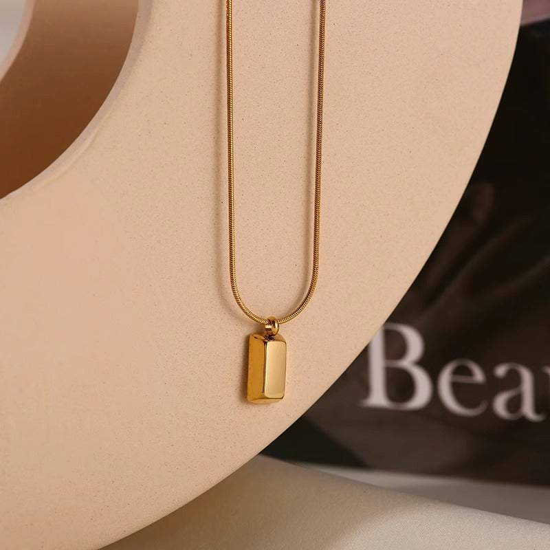 Minimalist 18K Gold Plated Titanium Steel Geometric Square Brick Pendant Necklace with Snake Chain for Women