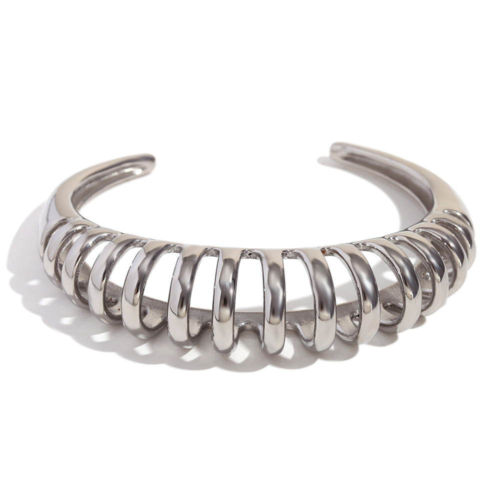 Minimalist Wave-Shape Stainless Steel Plated 18K Gold Hollow Bangle for Women