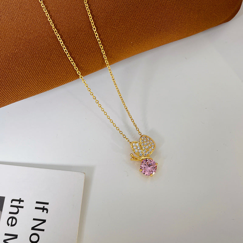 Cute Butterfly Pendant Necklace for Women in Titanium Steel with Rhinestone Inlay and O-Chain