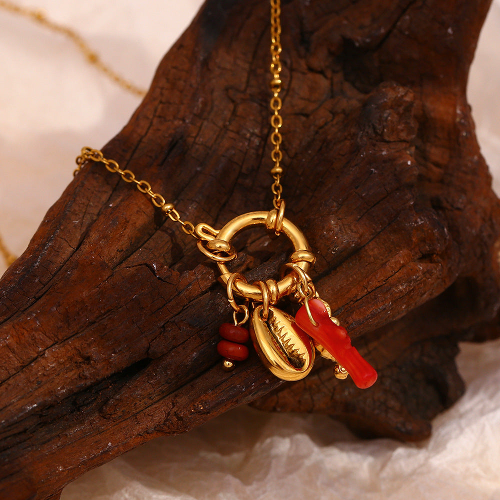 Fashionable Lip-Shaped Pendant Necklace in Stainless Steel with 18K Gold Plating, Enamel Red Finish, Sea Horse Accent, Geometric Design for Women