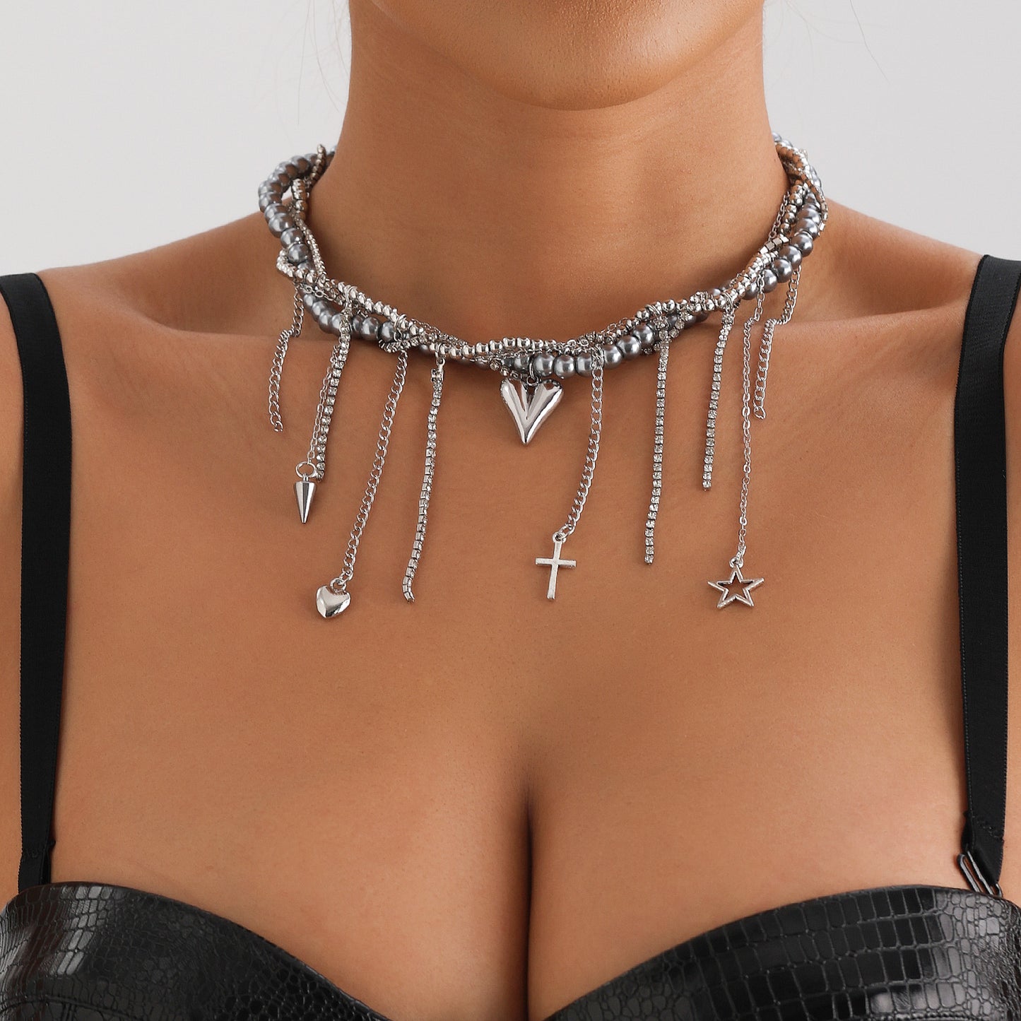 Sweet and Edgy Heart-Shaped Alloy Pendant Necklace with Crystal Fringe and Cross Charm, Y2K-Inspired Layered Clavicle Chain