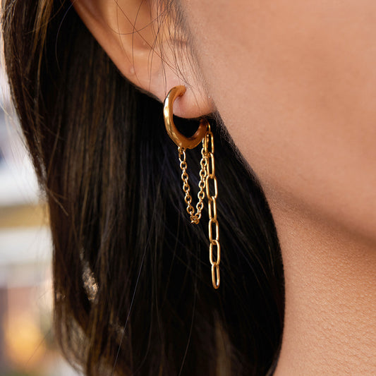 Minimalist Geometric Stainless Steel Threader Earrings with Chain Dangle Luxe Finish PVD Gold Plated