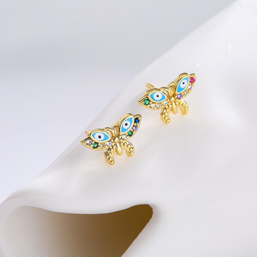 Orecchini a perno con farfalla geometrica alla moda, in rame, micro-pavé di zirconi e smalto, placcati oro 18K per donna