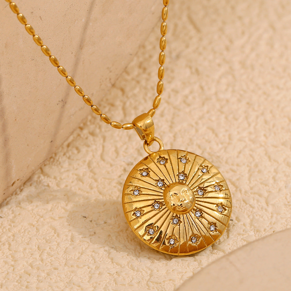 Vintage Compass Pendant Necklace with Geometric Four-Pointed Star Design, Stainless Steel Body, Titanium Steel Pendant, 18K Gold Plated Finish