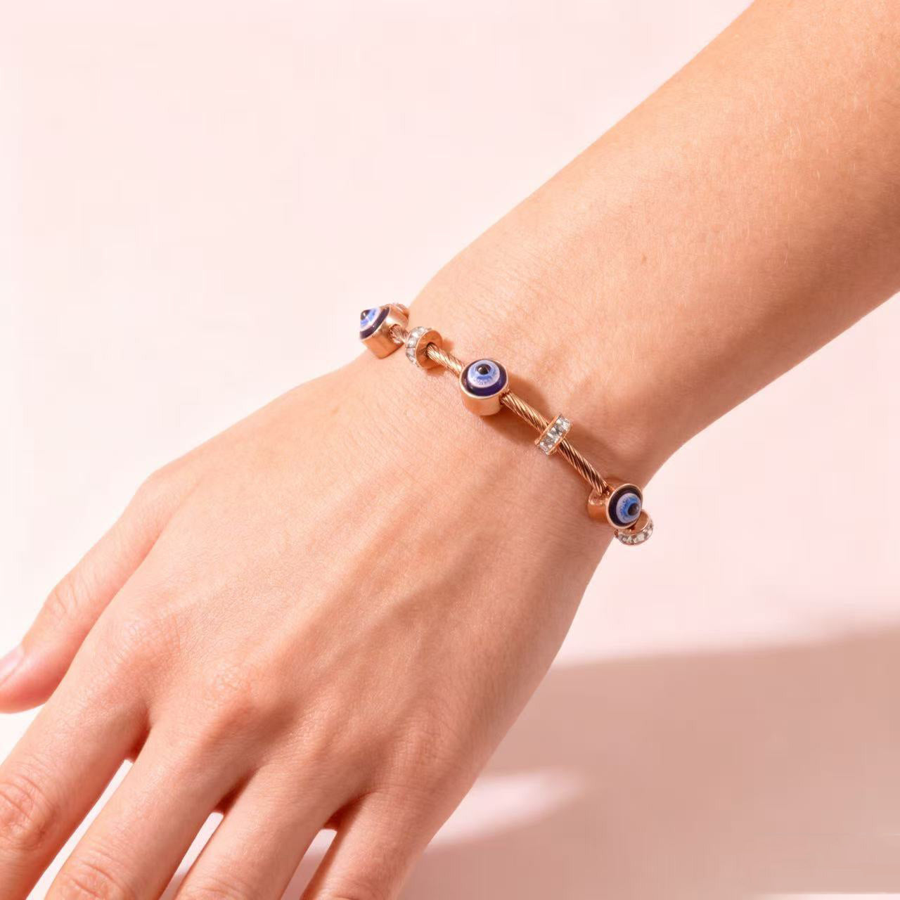Vintage 18K Gold Plated Titanium Steel Drip Oil Evil Eye Bracelet with Rhinestones