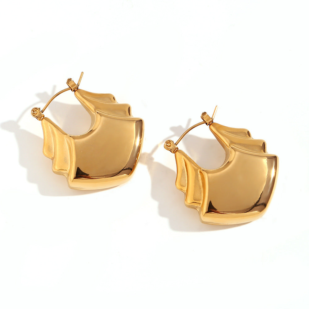Minimalist Fashion Geometric Fan-Shaped Hollow Stainless Steel Earrings with 18K Gold Plating for Women