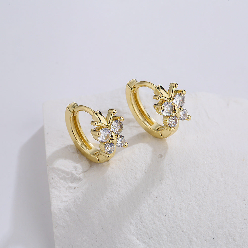 Orecchini a farfalla floreale geometrica minimalista in rame con placcatura in oro 18K e dettagli in zircone