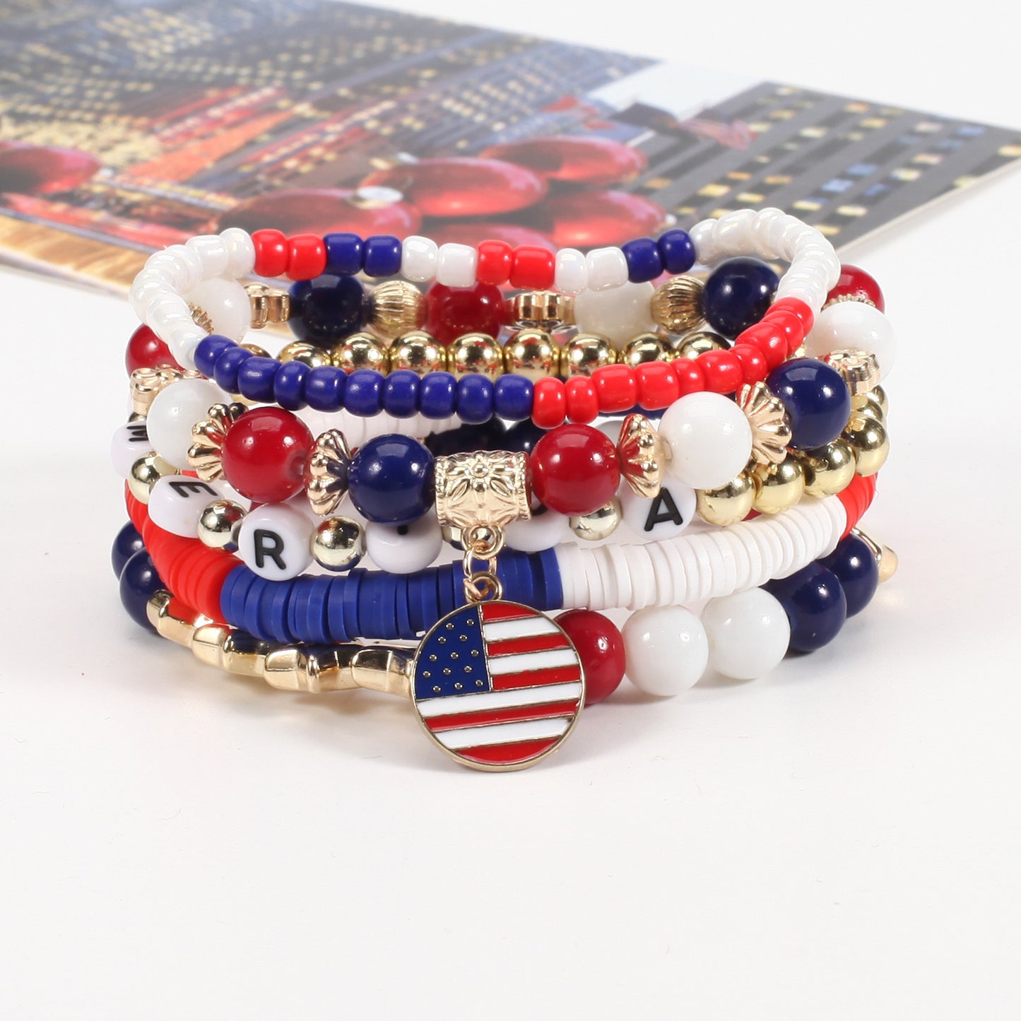 Unisex Red White Blue Resin Crystal Beaded Bracelet with Floral Pattern