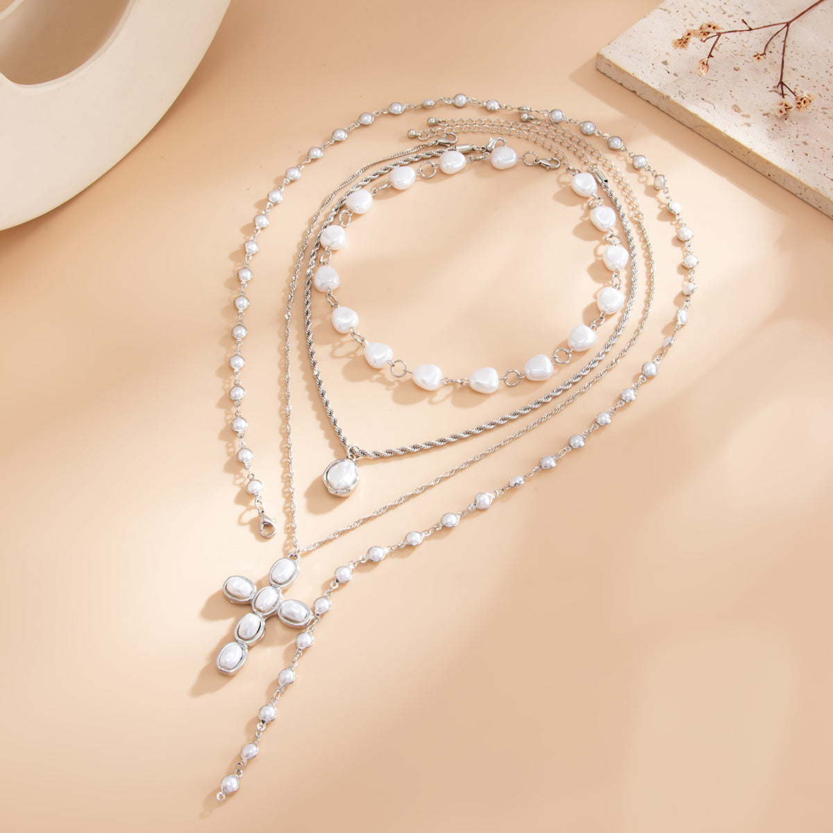 Fashion Layered Geometric Cross Zinc Alloy Imitation Pearl Y-Shape Necklace for Women