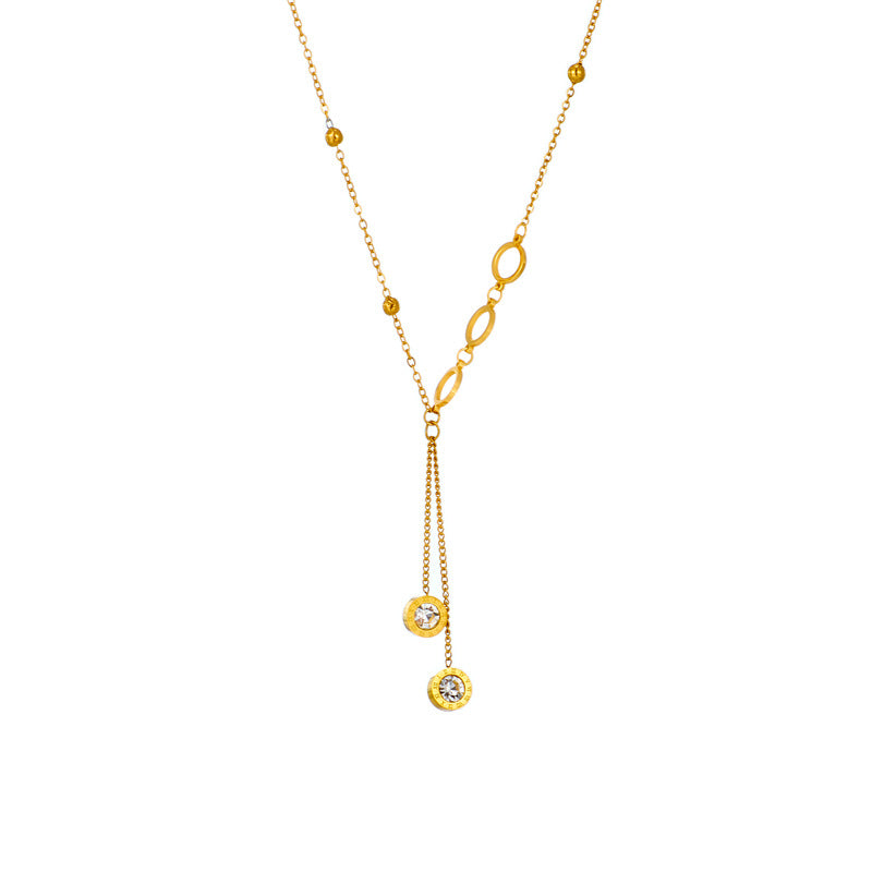 Minimalist Luxe Geometric Tassel Pendant Necklace in Titanium Steel with Rhinestone Inlay and Plated Finish