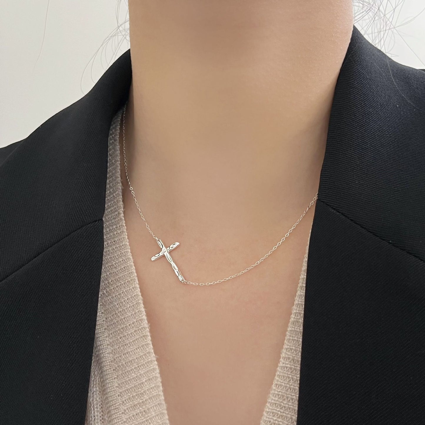 Geometric Cross 925 Sterling Silver Woven Ball Chain Necklace