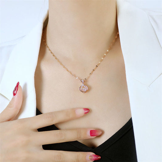 Minimalist Floral Pendant Necklace in Titanium Steel with Gold Plating on O-Chain for Women and Men