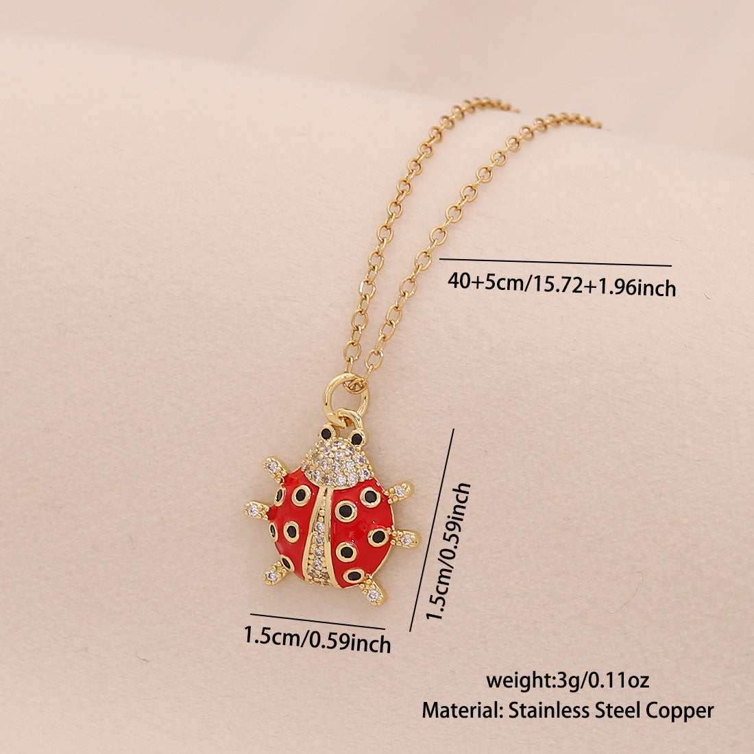Cute Ladybug Pendant Necklace in Copper with Micro-Paved Zirconia, Enamel Finish, O-Chain, Animal-Themed Jewelry for Women