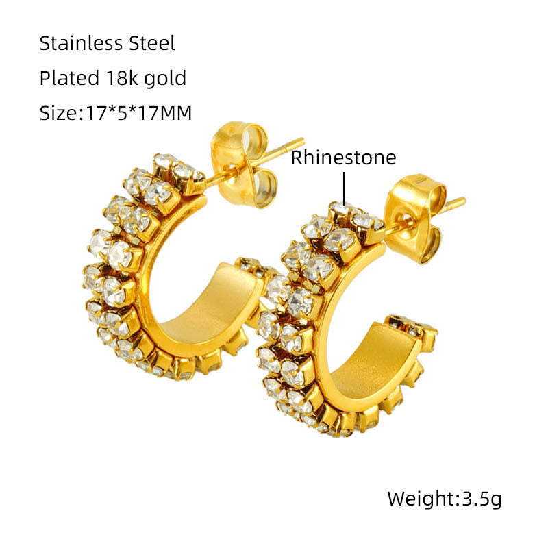 Orecchini da donna in acciaio inossidabile placcati oro 18 carati a forma di C geometrica, con intarsio di strass, alla moda