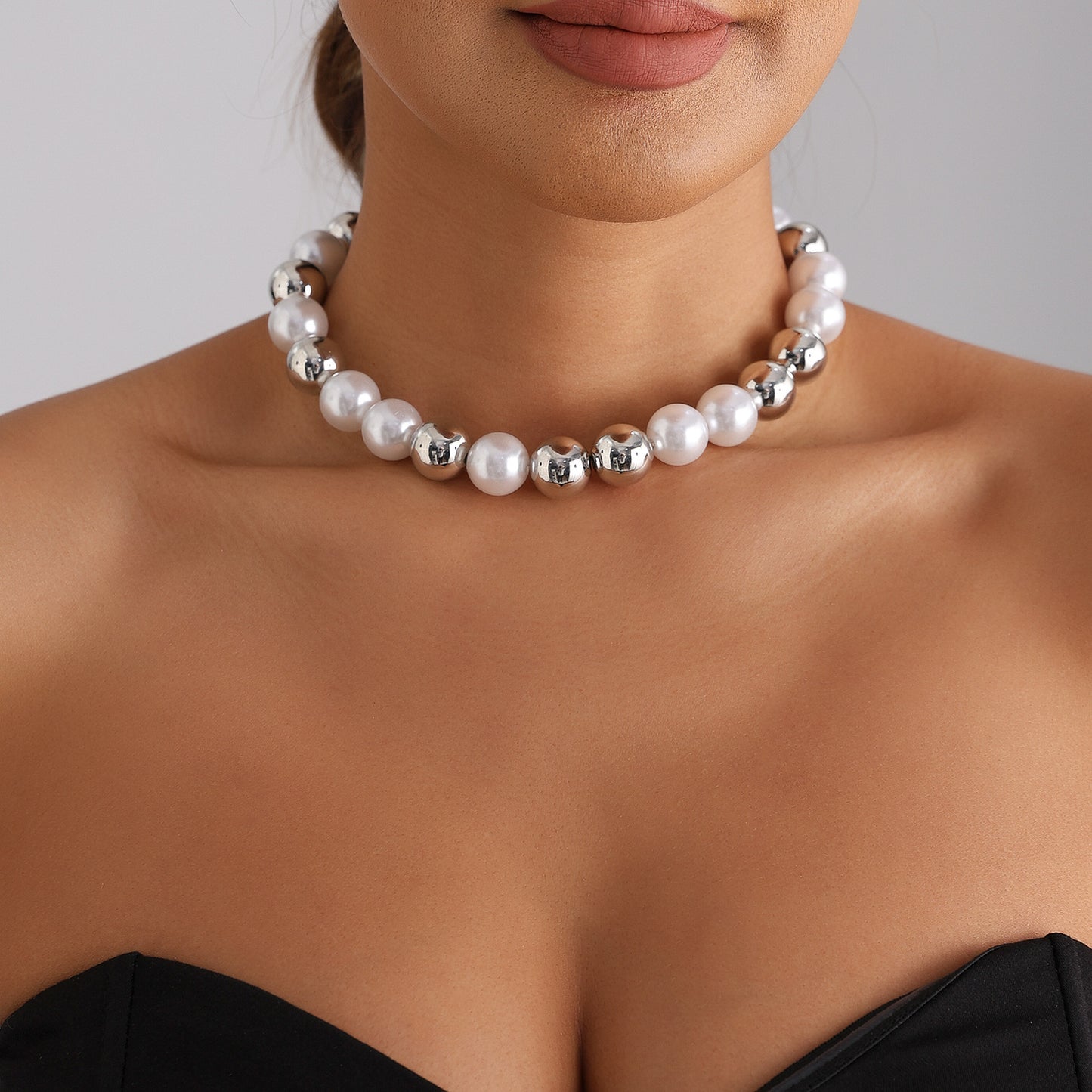 Exaggerated Geometric Silver Plated ABS Necklace with Large Pearl and Alloy Ball Pendant for Women