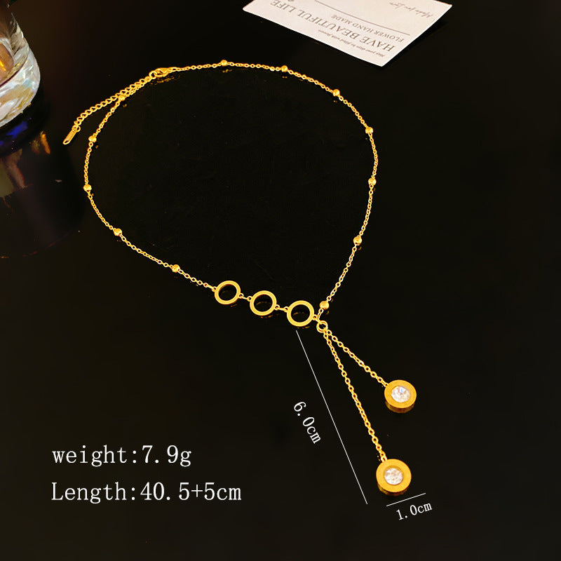 Sweet Streetwear Micro-set Cubic Zirconia Number Tassel Titanium Steel Necklace for Unisex