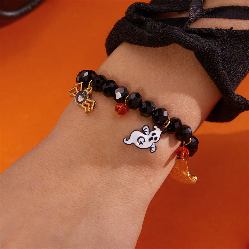 Bracciale con perline a tema Halloween con ciondoli a forma di zucca e fantasma, gioielli fatti a mano in lega con forme geometriche e cristalli per donna