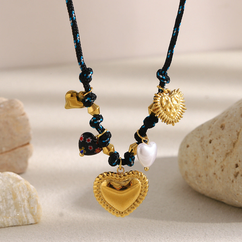 Minimalist Heart-Shaped Stainless Steel Necklace with 18K Gold Plating and Woven Rope Chain for Women